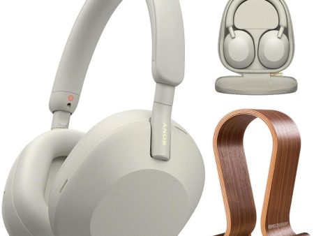 Sony WH-1000XM5 Wireless Noise Canceling Headphones, White + Wood Headphone Stand Online Hot Sale