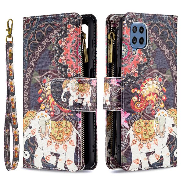 BF03 Zippered Wallet Design Anti-Scratch Pattern Printing Leather Stand Phone Cover with Wrist Strap for Samsung Galaxy M32 (Global Version) For Cheap