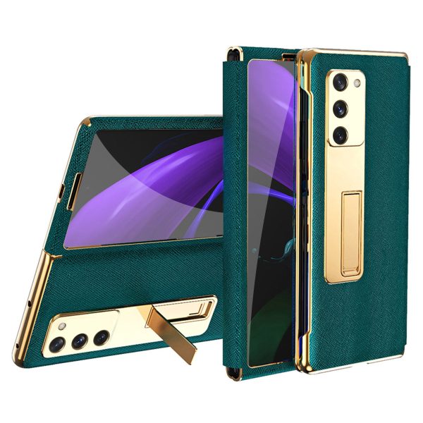 Kickstand Cross Texture Hybrid Hard PC Soft PU Leather Electroplating Phone Case with Tempered Glass Screen Protector for Samsung Galaxy Z Fold2 5G Online