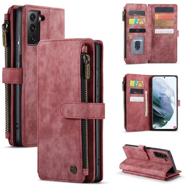 CASEME C30 Series for Samsung Galaxy S21+ 5G Zipper Pocket Wallet PU Leather Multiple Card Slots Stand Shockproof Phone Cover Online Sale