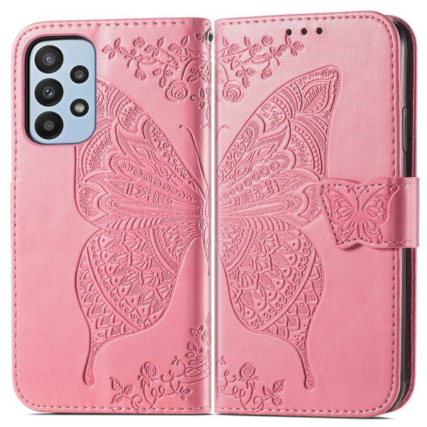 Big Butterfly Imprinting Leather Phone Shell for Samsung Galaxy A23 5G, Drop-Prevention PU Leather Stand Wallet Case with Handy Strap on Sale