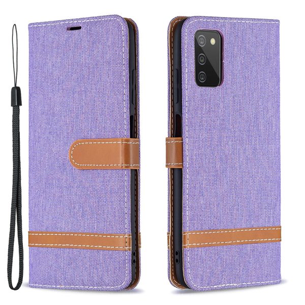 Color Splicing Jeans Cloth Coated Leather Wallet Stand Phone Case for Samsung Galaxy A03s (166.5 x 75.98 x 9.14mm) Sale