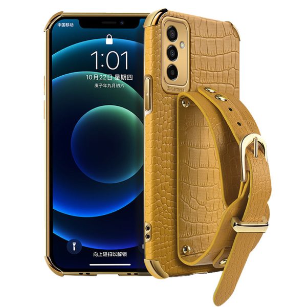 For Samsung Galaxy M23 5G F23 5G Shockproof Anti-fall Cellphone Cover 6D Electroplated Crocodile Texture Phone Case PU Leather Coated TPU Shell with Hand Strap Kickstand Sale