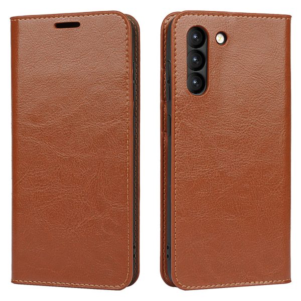 Crazy Horse Genuine Leather Protective Wallet Phone Case with Stand for Samsung Galaxy S21 FE For Cheap