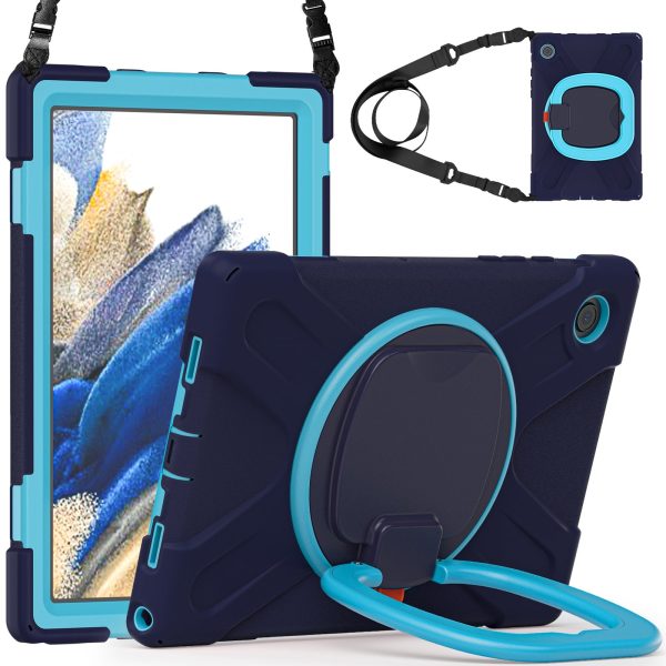 For Samsung Galaxy Tab A8 10.5 (2021) 360 Degree Rotary Kickstand Tablet Case PC + Silicone Hybrid Cover with Shoulder Strap Supply