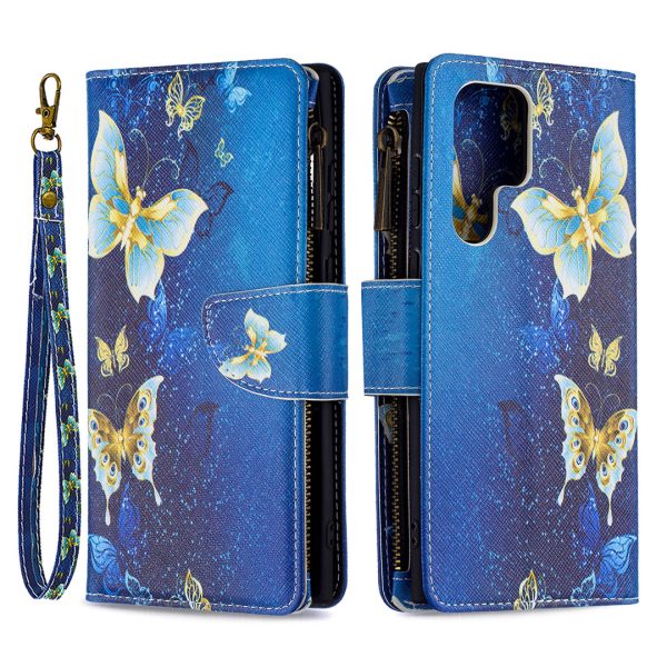 BF03 Pattern Printing PU Leather Magnetic Zipper Pocket Case Stand Flip Wallet Phone Cover with Strap for Samsung Galaxy S22 Ultra 5G For Cheap