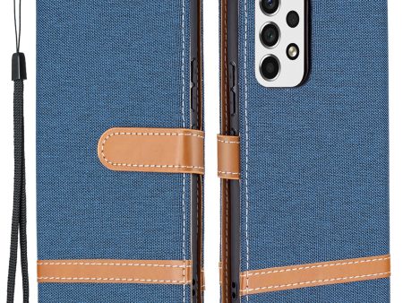 Color Splicing Jeans Cloth Magnetic Clasp Stand PU Leather Wallet Leather Phone Case with Carrying Lanyard for Samsung Galaxy A53 5G Online now