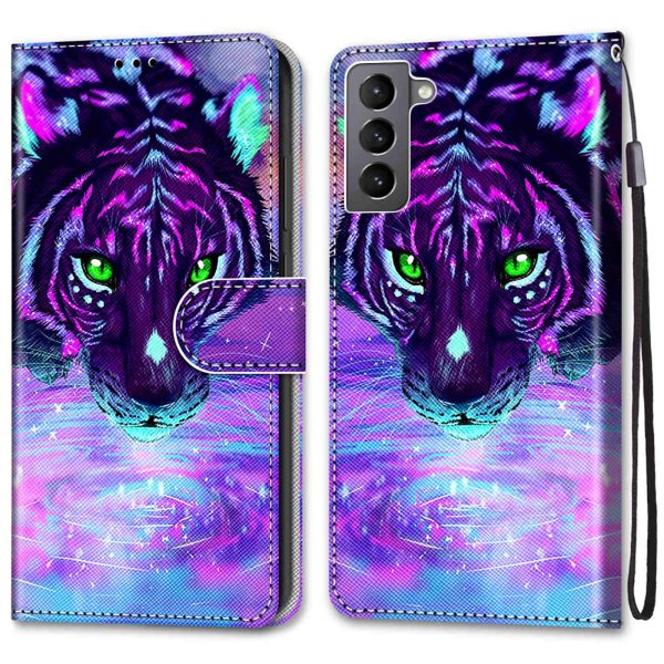 Color Pattern Printing Leather Case Wallet Stand Design + Handy Strap Anti-Collision Phone Shell for Samsung Galaxy S22 5G Fashion