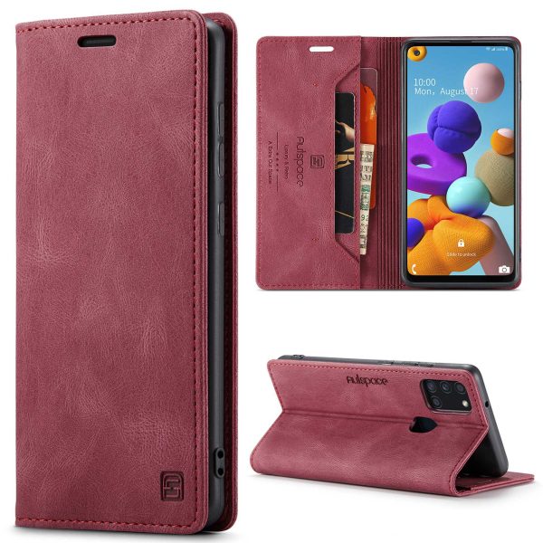 AUTSPACE A01 Series for Samsung Galaxy A21s PU Leather Protective Shell, RFID Blocking Magnetic Closure Vintage Frosted Wallet Stand Flip Cover Online now