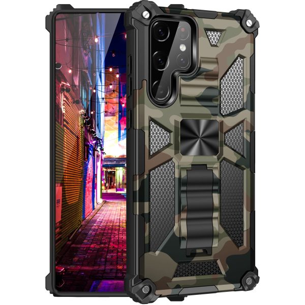 Built-in Kickstand Camouflage Design Well-Protected Anti-Fall Phone Back Cover for Samsung Galaxy S22 Ultra 5G Online