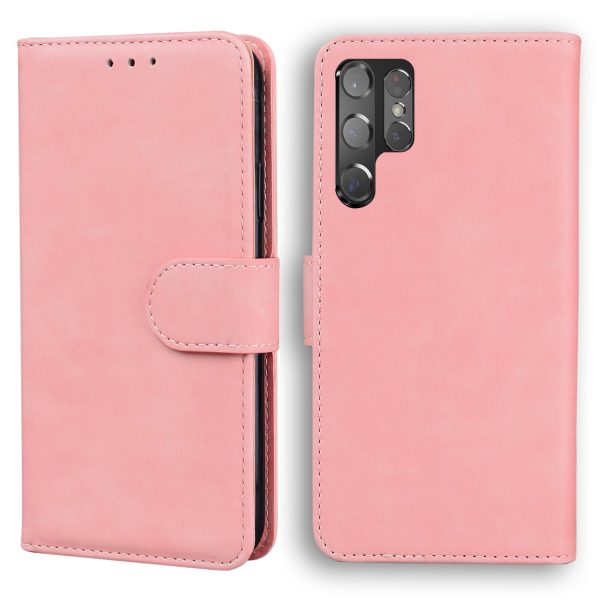 Anti-Drop Plain Leather Phone Protective Shell with Stand and Wallet for Samsung Galaxy S22 Ultra Online now