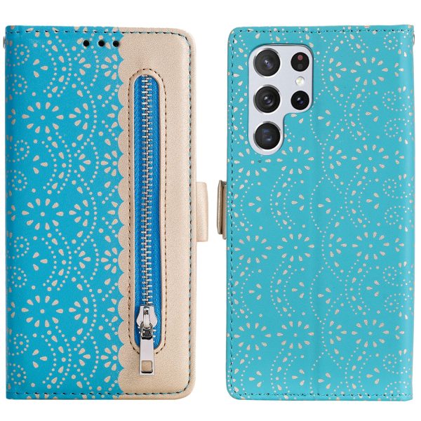 All-round Protection Lace Leather Case Zipper Wallet Stand Phone Cover with Bowknot Strap for Samsung Galaxy S22 Ultra 5G For Discount