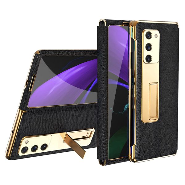 Kickstand Cross Texture Hybrid Hard PC Soft PU Leather Electroplating Phone Case with Tempered Glass Screen Protector for Samsung Galaxy Z Fold2 5G Online