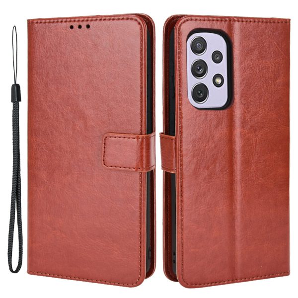 Crazy Horse Leather Phone Shell for Samsung Galaxy A53 5G Wallet Stand Design with Handy Strap Hot on Sale