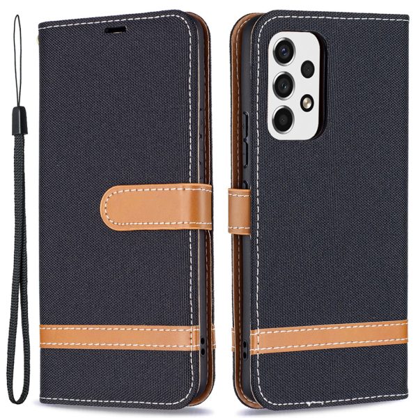 Color Splicing Jeans Cloth Magnetic Clasp Stand PU Leather Wallet Leather Phone Case with Carrying Lanyard for Samsung Galaxy A53 5G Online now