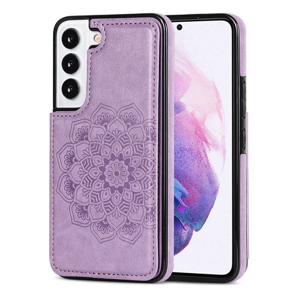 Card Holder Scratch-resistant PU Leather Coated TPU Phone Case Imprinted Mandala Flower Kickstand Phone Cover for Samsung Galaxy S22 Ultra 5G on Sale