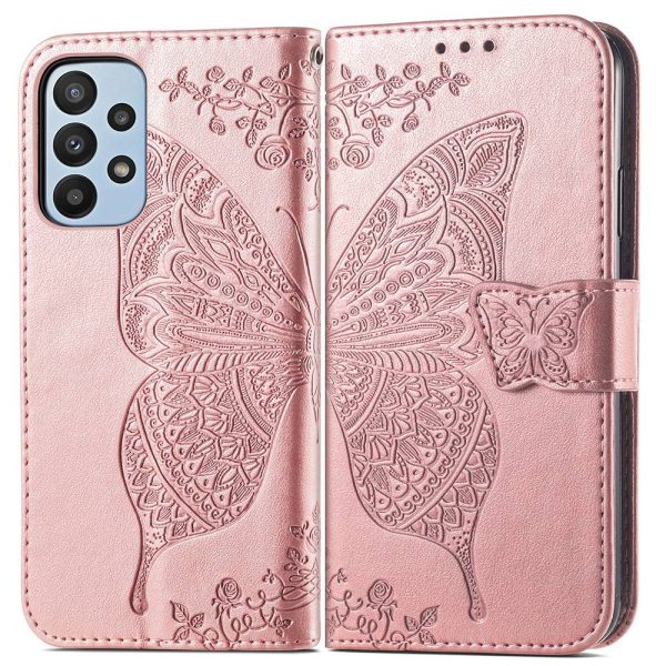 Big Butterfly Imprinting Leather Phone Shell for Samsung Galaxy A23 5G, Drop-Prevention PU Leather Stand Wallet Case with Handy Strap on Sale