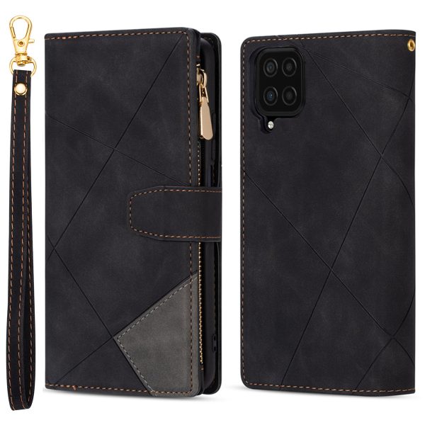 Color Splicing Lines Design Anti-Drop Scratch-Resistant Wallet Stand Leather Phone Cover Case with Zipper Pocket for Samsung Galaxy A12 Hot on Sale