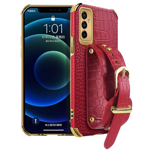 For Samsung Galaxy M23 5G F23 5G Shockproof Anti-fall Cellphone Cover 6D Electroplated Crocodile Texture Phone Case PU Leather Coated TPU Shell with Hand Strap Kickstand Sale