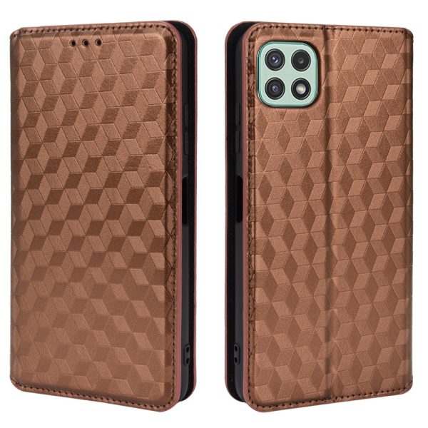 All-round Protection Leather Phone Case Anti-scratch 3D Rhombus Imprinting Stand Wallet Shell for Samsung Galaxy A22 5G (EU Version) Online Hot Sale