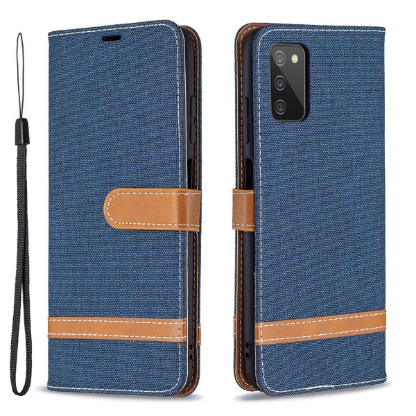 Color Splicing Jeans Cloth Coated Leather Wallet Stand Phone Case for Samsung Galaxy A03s (166.5 x 75.98 x 9.14mm) Sale