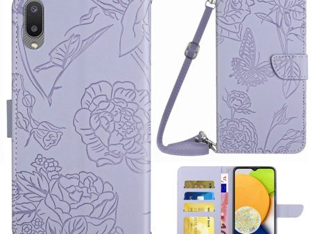 For Samsung Galaxy M02 A02 (EU Version) Shoulder Strap Skin-touch Feeling Phone Case Bag, Butterflies Flower Pattern Imprinting Hands-free Stand Wallet Phone Cover For Sale