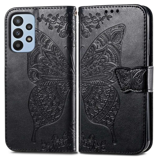 Big Butterfly Imprinting Leather Phone Shell for Samsung Galaxy A23 5G, Drop-Prevention PU Leather Stand Wallet Case with Handy Strap on Sale