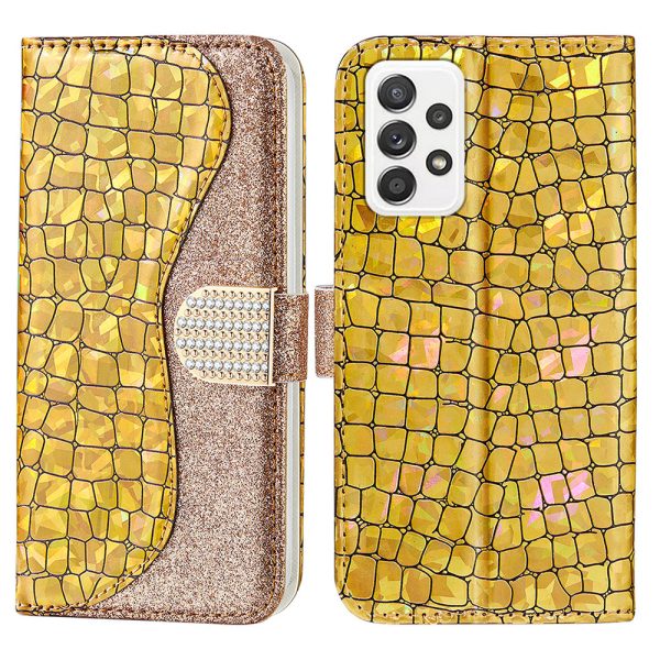 Anti-drop Splicing Crocodile Texture Glittery Powder Shockproof TPU+PU Leather Stand Wallet Case for Samsung Galaxy A53 5G Supply