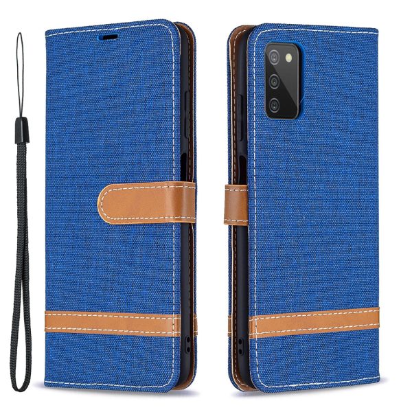 Color Splicing Jeans Cloth Coated Leather Wallet Stand Phone Case for Samsung Galaxy A03s (166.5 x 75.98 x 9.14mm) Sale