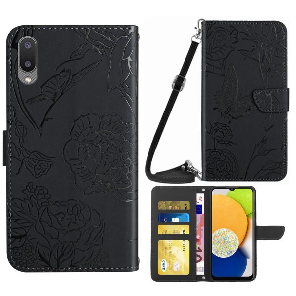 For Samsung Galaxy M02 A02 (EU Version) Shoulder Strap Skin-touch Feeling Phone Case Bag, Butterflies Flower Pattern Imprinting Hands-free Stand Wallet Phone Cover For Sale