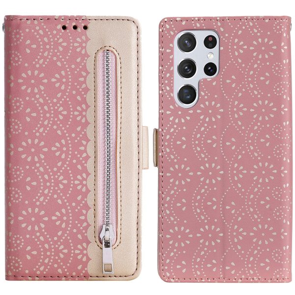 All-round Protection Lace Leather Case Zipper Wallet Stand Phone Cover with Bowknot Strap for Samsung Galaxy S22 Ultra 5G For Discount