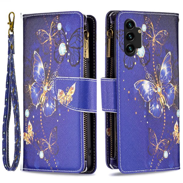 BF03 Pattern Printing Phone Case for Samsung Galaxy A13 4G, PU Leather Zipper Flip Folio Wallet Stand Protective Cover with Strap Cheap