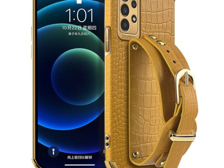 For Samsung Galaxy A13 4G Shockproof Electroplated Crocodile Texture Phone Case Anti-scratch Protective Cellphone Cover PU Leather Coated TPU Shell with Hand Strap Kickstand Online Hot Sale