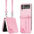 Card Holder Phone Case for Samsung Galaxy Z Flip4 5G, Imprinting Flower PU Leather Coated PC Cover with Shoulder Strap Supply