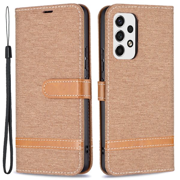 Color Splicing Jeans Cloth Magnetic Clasp Stand PU Leather Wallet Leather Phone Case with Carrying Lanyard for Samsung Galaxy A53 5G Online now