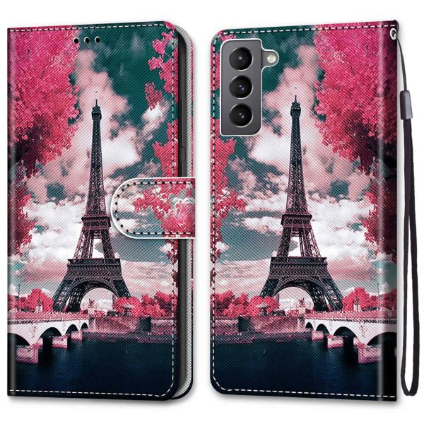 Color Pattern Printing Leather Case Wallet Stand Design + Handy Strap Anti-Collision Phone Shell for Samsung Galaxy S22 5G Fashion