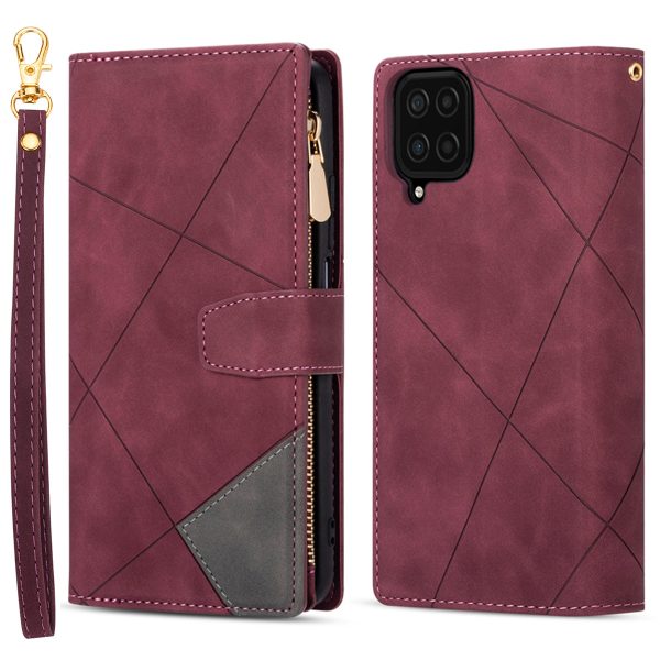 Color Splicing Lines Design Anti-Drop Scratch-Resistant Wallet Stand Leather Phone Cover Case with Zipper Pocket for Samsung Galaxy A12 Hot on Sale