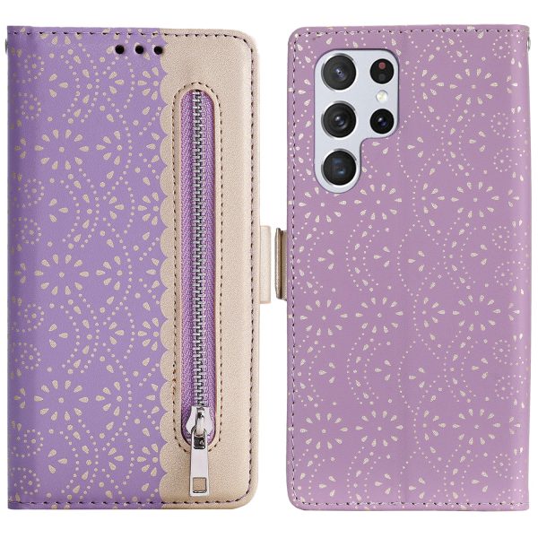 All-round Protection Lace Leather Case Zipper Wallet Stand Phone Cover with Bowknot Strap for Samsung Galaxy S22 Ultra 5G For Discount