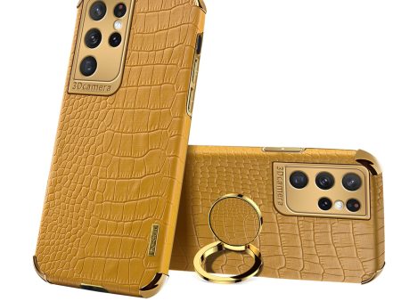 Crocodile Texture PU Leather Design + TPU Electroplating Precise Cutout Phone Cover with Ring Holder for Samsung Galaxy S21 Ultra 5G Online