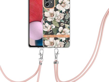 YB IMD-11 Series for Samsung Galaxy A13 4G IML Electroplating Flower Pattern IMD Drop-proof Well-protected Soft TPU Phone Case with Lanyard Fashion