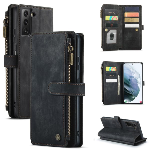 CASEME C30 Series for Samsung Galaxy S21+ 5G Zipper Pocket Wallet PU Leather Multiple Card Slots Stand Shockproof Phone Cover Online Sale