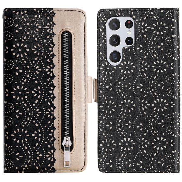 All-round Protection Lace Leather Case Zipper Wallet Stand Phone Cover with Bowknot Strap for Samsung Galaxy S22 Ultra 5G For Discount