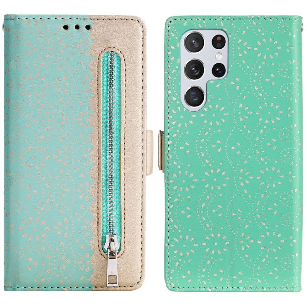 All-round Protection Lace Leather Case Zipper Wallet Stand Phone Cover with Bowknot Strap for Samsung Galaxy S22 Ultra 5G For Discount