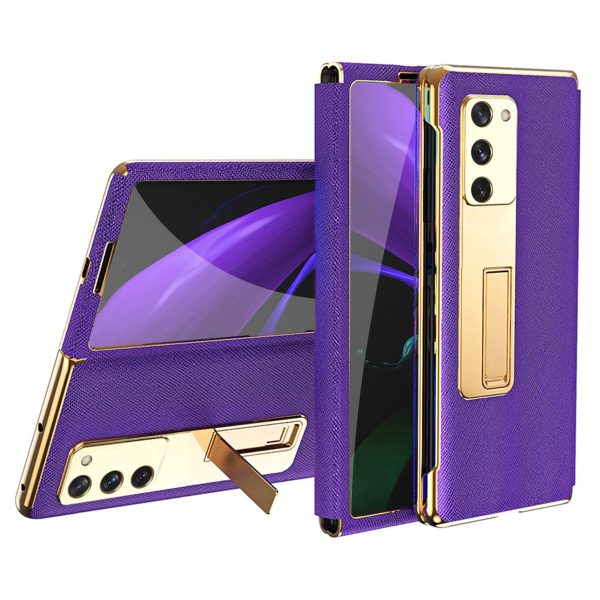 Kickstand Cross Texture Hybrid Hard PC Soft PU Leather Electroplating Phone Case with Tempered Glass Screen Protector for Samsung Galaxy Z Fold2 5G Online