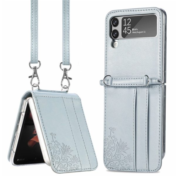 Card Holder Phone Case for Samsung Galaxy Z Flip4 5G, Imprinting Flower PU Leather Coated PC Cover with Shoulder Strap Supply