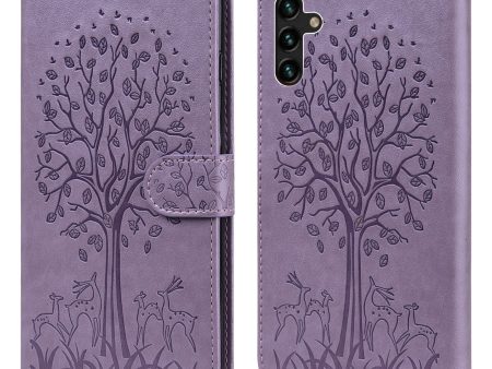 Deer and Tree Imprinting PU Leather Wallet Case Stand Flip Magnetic Cover for Samsung Galaxy A13 5G   A04s 4G (164.7 x 76.7 x 9.1 mm) on Sale