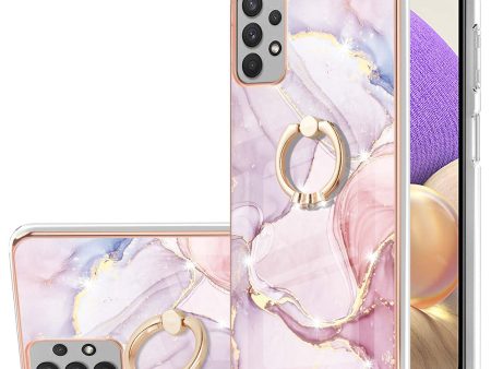 YB IMD Series-10 for Samsung Galaxy A23 4G (165.4 x 76.9 x 8.4mm) Marble Pattern IMD Bump Proof TPU Case Rotary Ring Kickstand Electroplating Frame Phone Cover Fashion