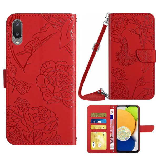 For Samsung Galaxy M02 A02 (EU Version) Shoulder Strap Skin-touch Feeling Phone Case Bag, Butterflies Flower Pattern Imprinting Hands-free Stand Wallet Phone Cover For Sale