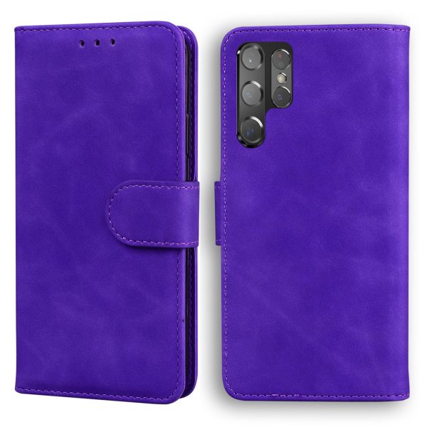 Anti-Drop Plain Leather Phone Protective Shell with Stand and Wallet for Samsung Galaxy S22 Ultra Online now