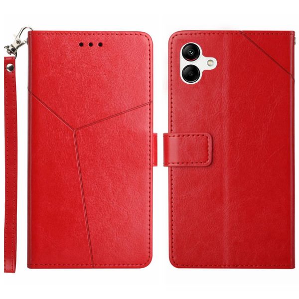 For Samsung Galaxy A04 4G HT01 Imprinted Y-Shaped Lines Phone Case PU Leather Stand Shockproof Wallet Cover with Strap on Sale